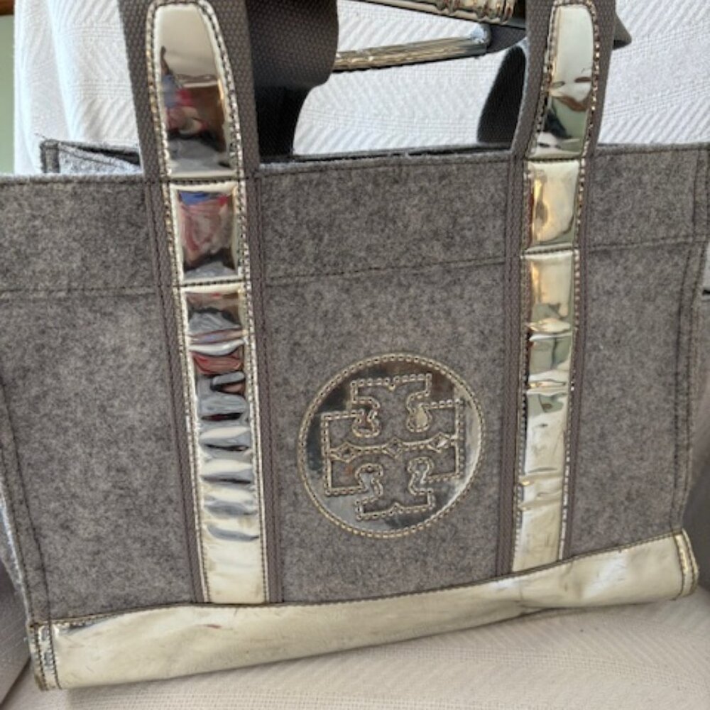 Tory Burch Gray Felt Tote w/ Metallic Silver Leather Trim - Structured Logo Bag